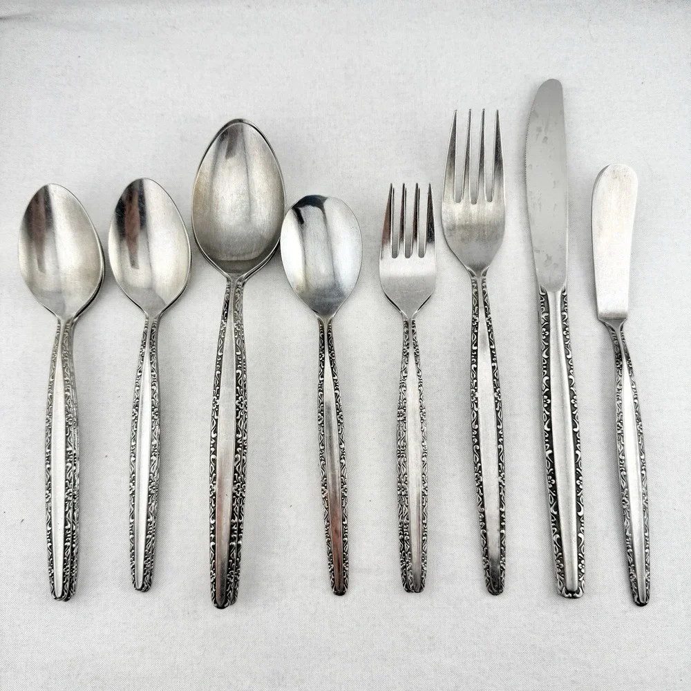 United Silver Co Stainless Japan Floral Scroll Edge Flatware Lot of 14 USI17 MCM